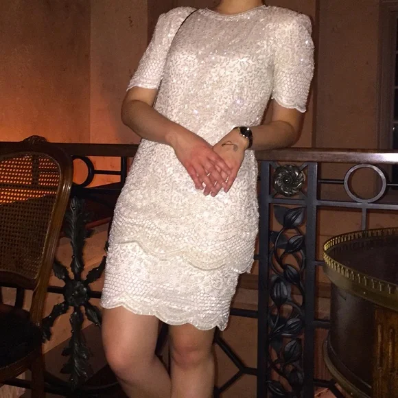 STUNNING Lillie Rubin Beaded & Sequined Drop-Waist Ivory Flapper-Style 80s Dress